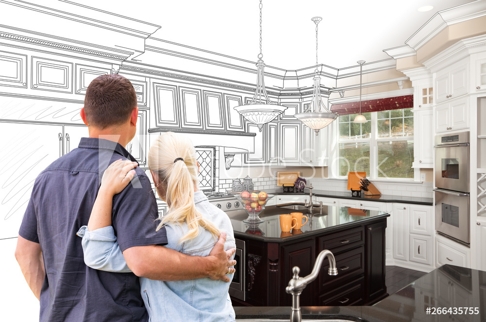 Couple Facing Custom Kitchen Drawing Gradating To Photo